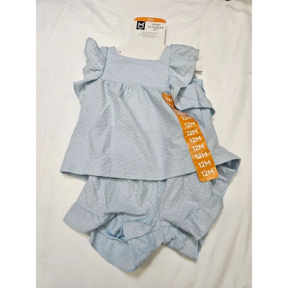 Members Mark Baby Girls 2PC Playwear Set Light Blue Ruffle‎ Top Shorts 12M NEW